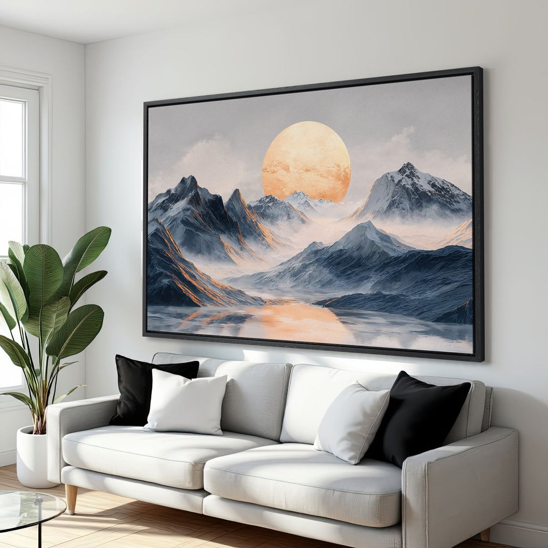 Framed Wall Art: Mountain landscape Canvas Print with a warm, neutral color palette. Modern art for living room decor.