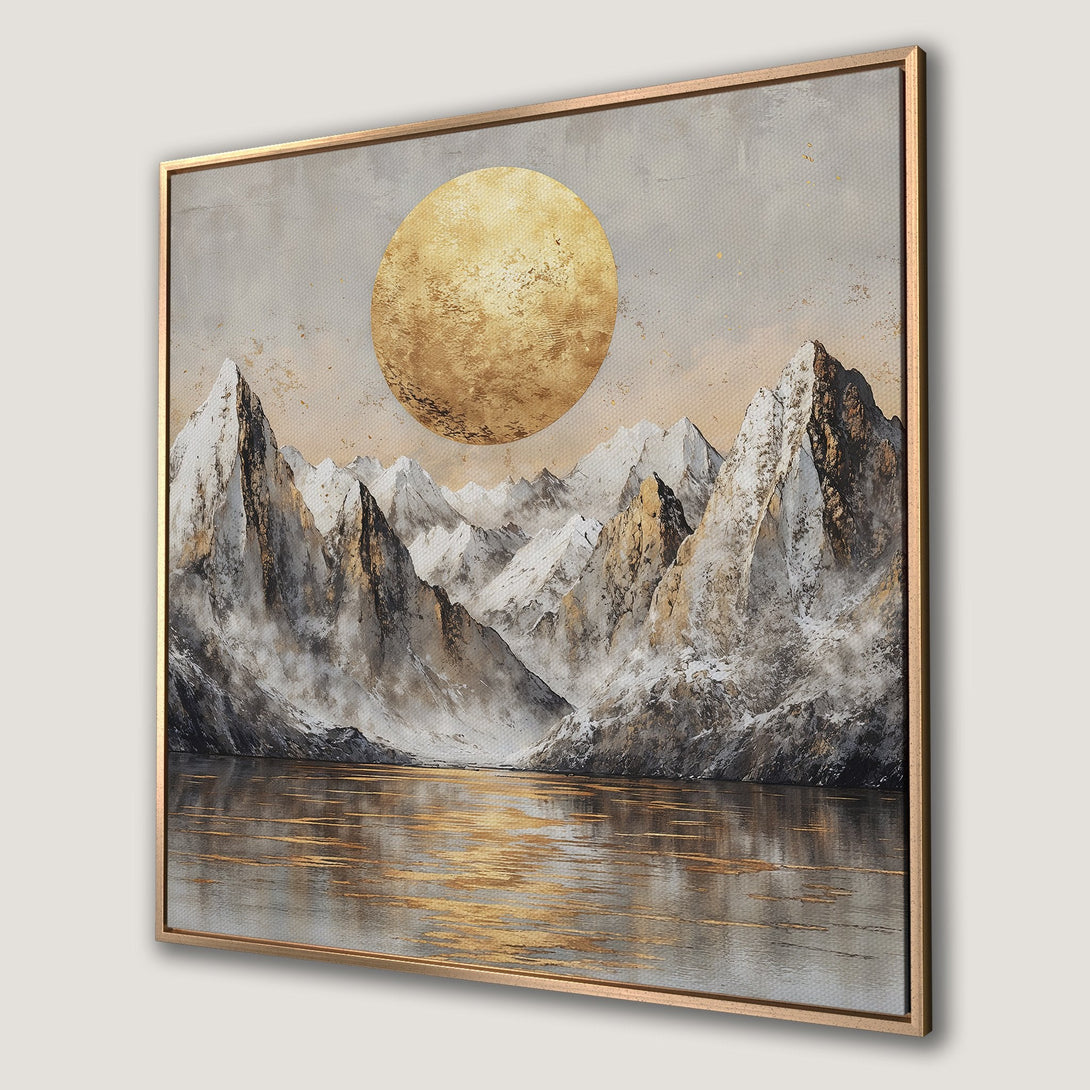 Framed Wall Art: Abstract mountain landscape with gold accents. Neutral color palette with gold and gray tones. Perfect for modern home decor.