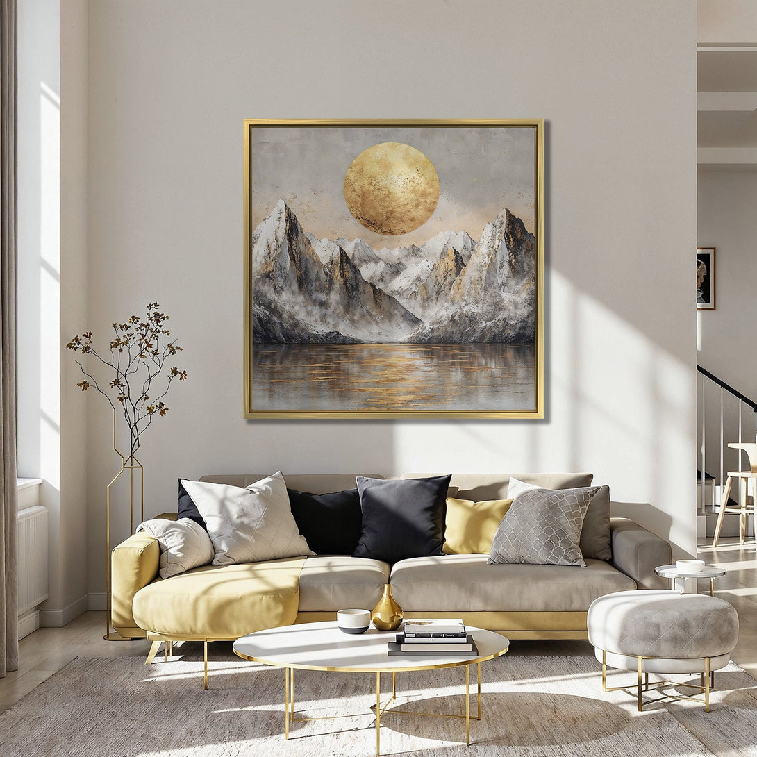 Canvas Print featuring a mountain landscape with a golden sun, in a modern style with a warm, neutral color palette. Perfect wall art!
