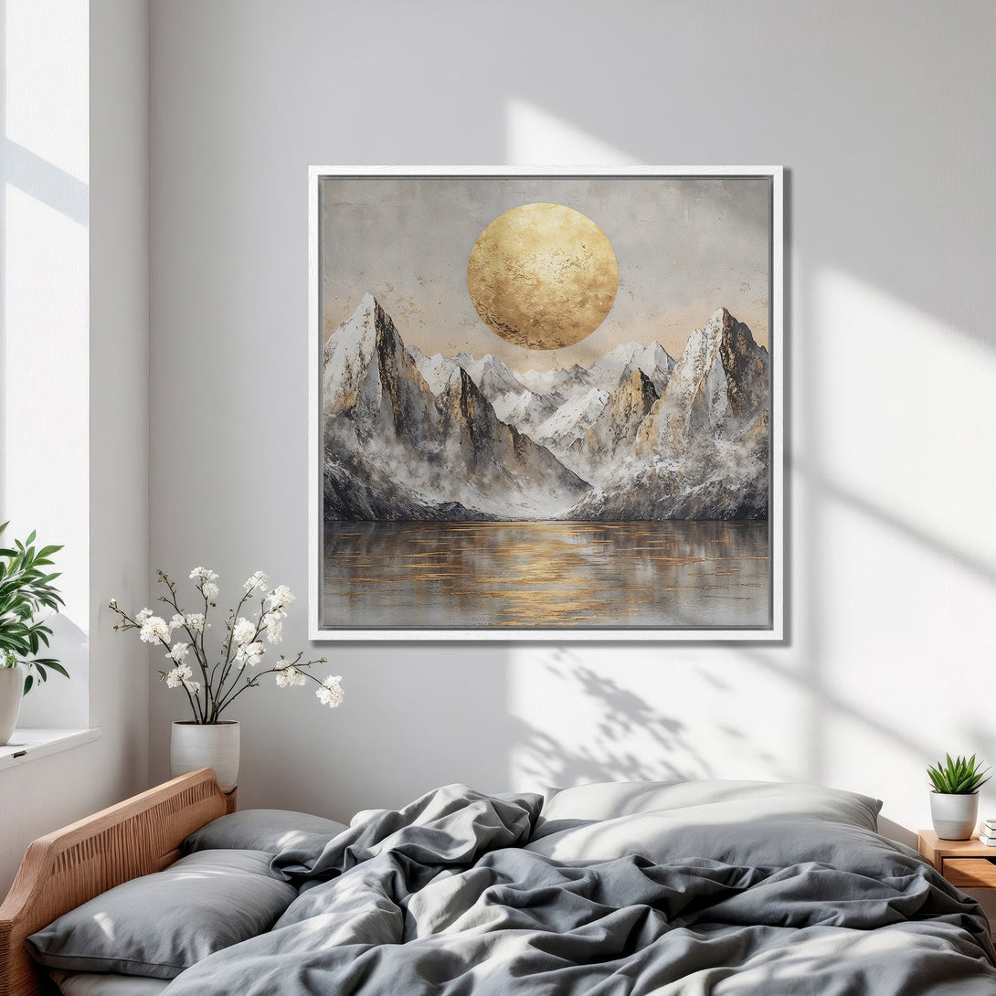 Framed Wall Art featuring a serene mountain landscape with a golden sun. Neutral color palette with gold and gray tones, perfect for bedroom decor.