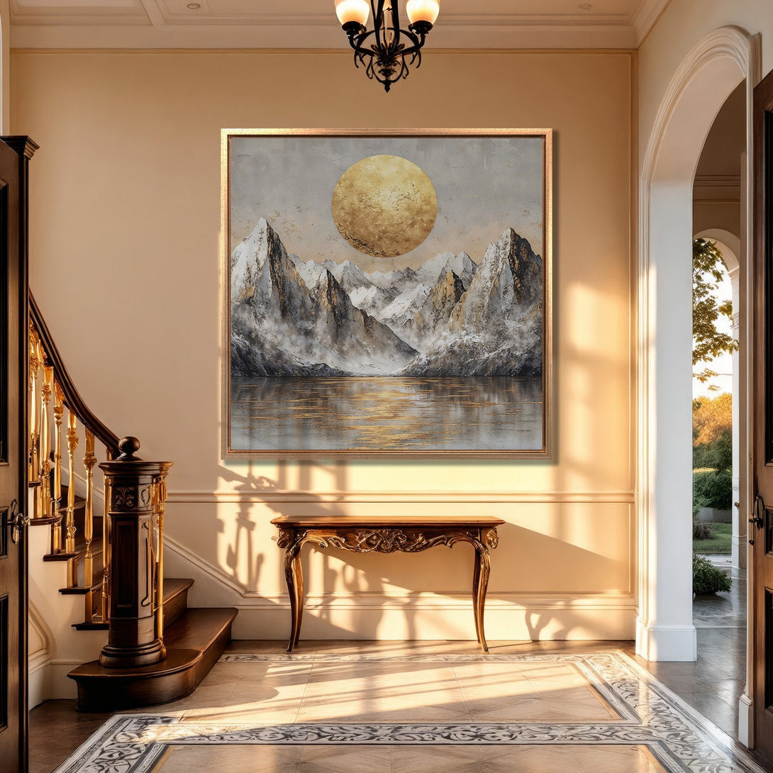 Framed Wall Art: Mountain landscape Canvas Print in a warm, neutral interior. Features a gold, gray, and white color palette for a touch of elegance.