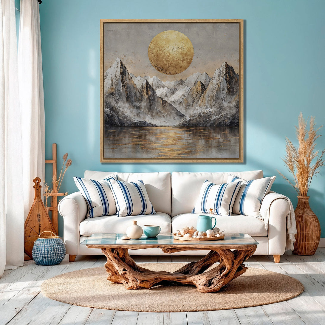Framed Wall Art: Mountain landscape Canvas Print in neutral tones, perfect for modern home decor. Features a gold and gray color palette.