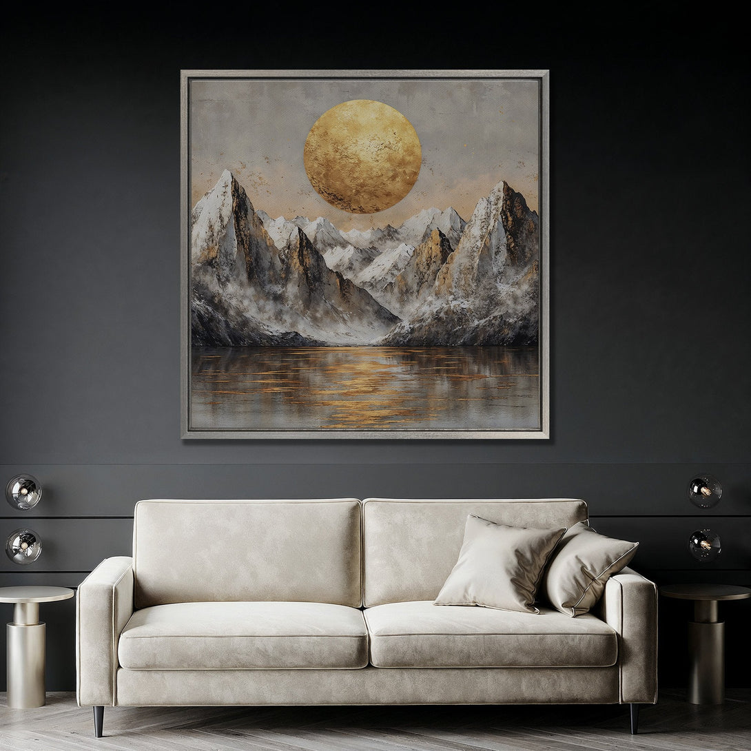 Framed Wall Art featuring a golden moon and mountain landscape. Abstract style with warm gold, gray, and white tones, perfect for modern interior design.