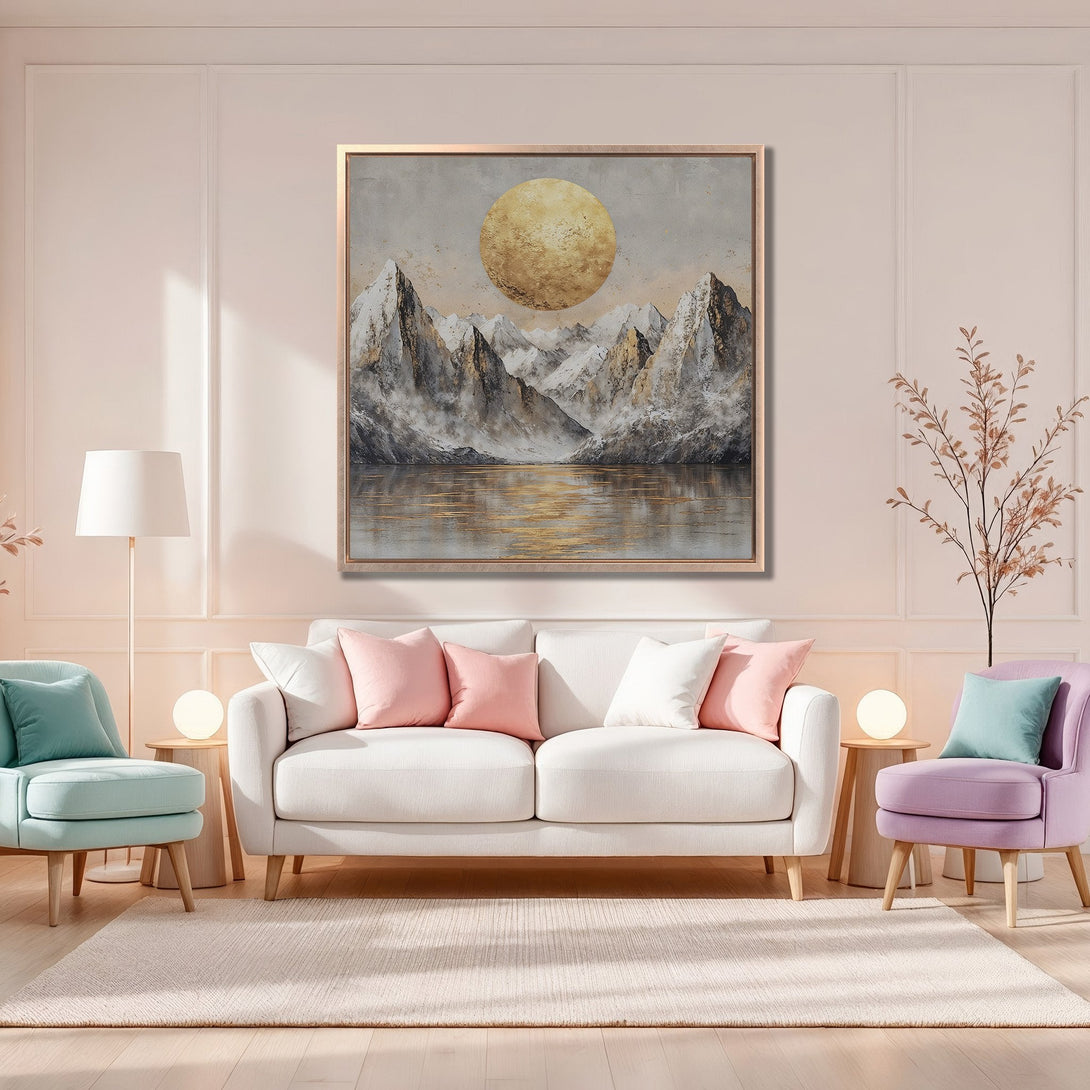 Framed Wall Art: Mountain landscape Canvas Print in a modern interior. Featuring a gold and gray color palette. Perfect for adding a touch of elegance.