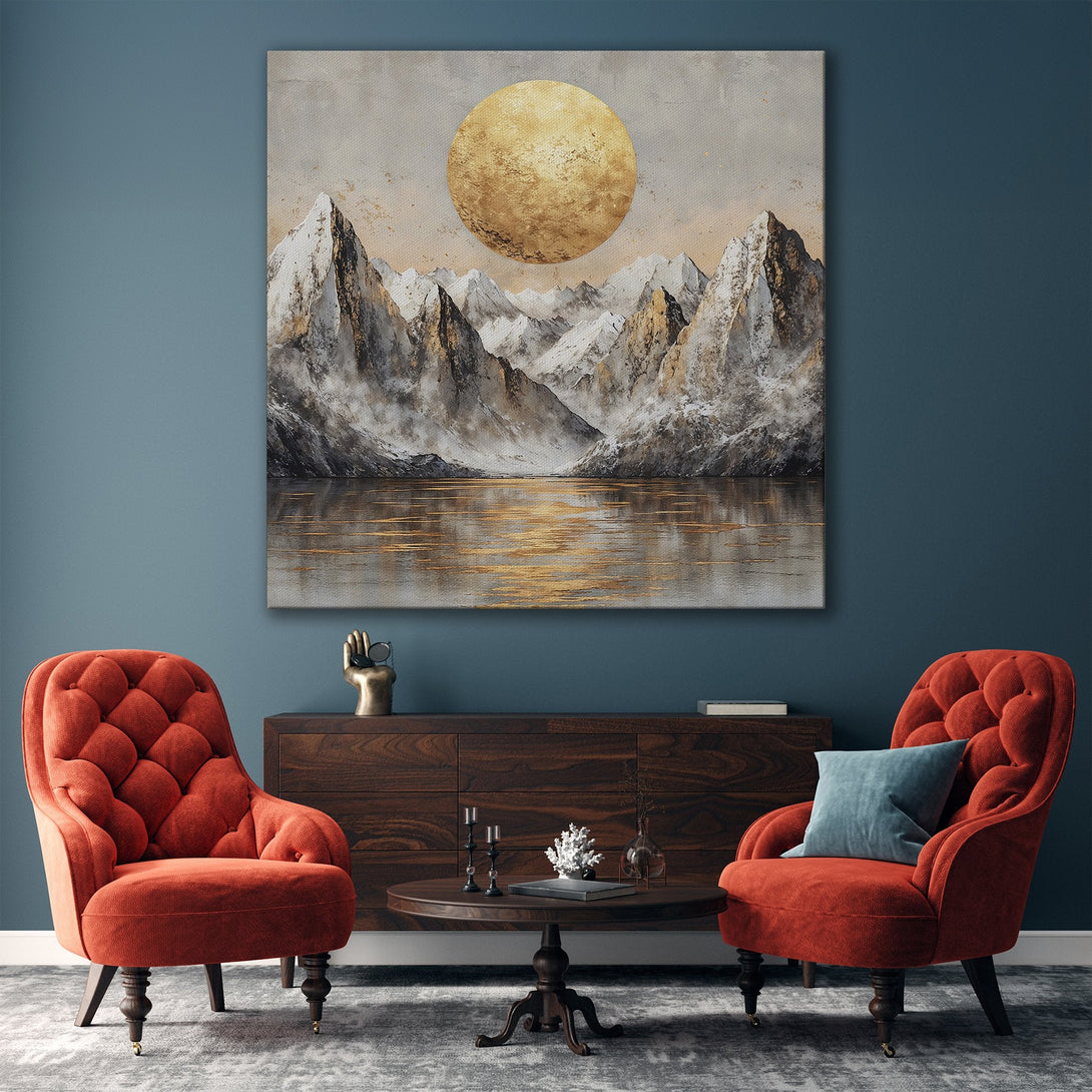 Framed Wall Art: Abstract mountain landscape with golden sun. Neutral color palette with gold accents. Perfect for modern living rooms. Shop now!