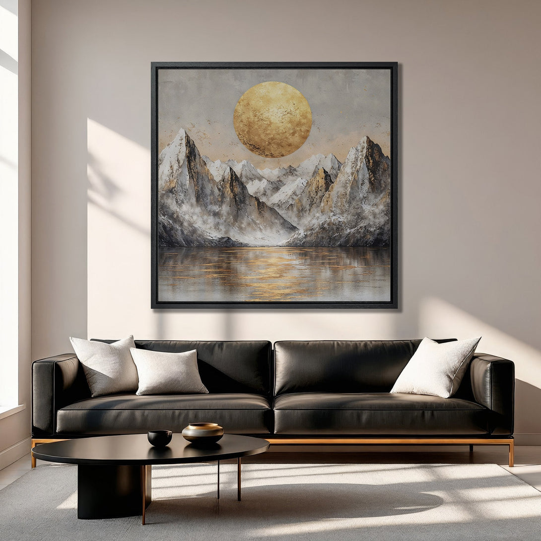 Framed Wall Art: Abstract mountain landscape in gold and gray tones. Modern art canvas print adds a touch of elegance to any living room.