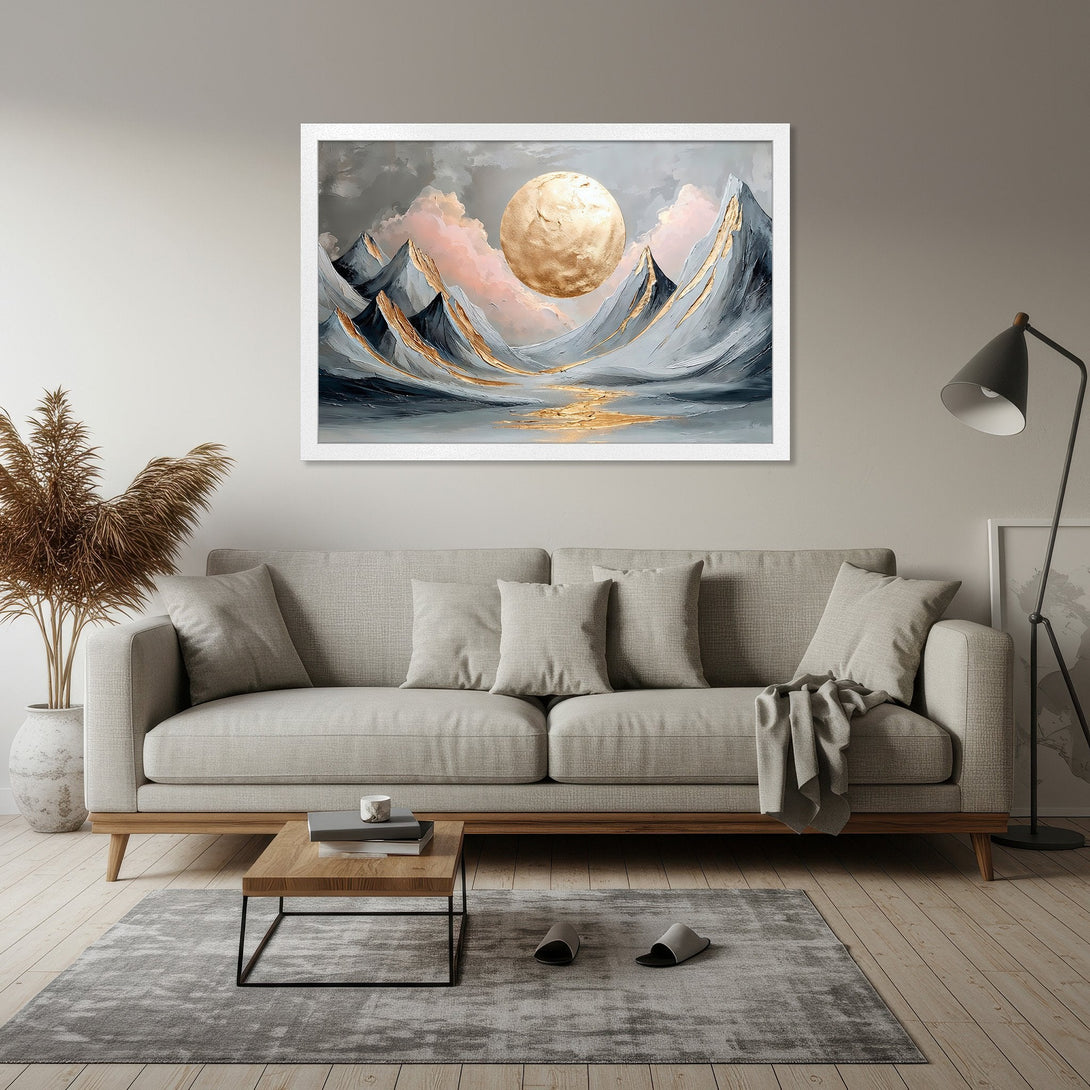 Framed Poster featuring an abstract mountain landscape with a golden sun. Modern art style, grey, gold, and pink color palette. Enhance your home decor!