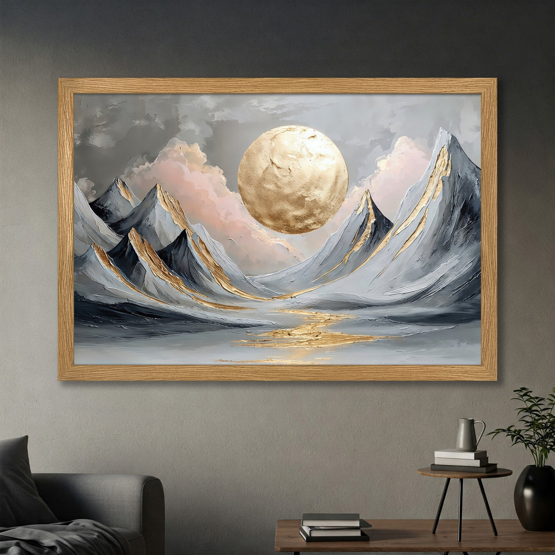 Framed Poster featuring a mountain landscape with gold accents, in a modern style with a gray, gold, and pink color palette.