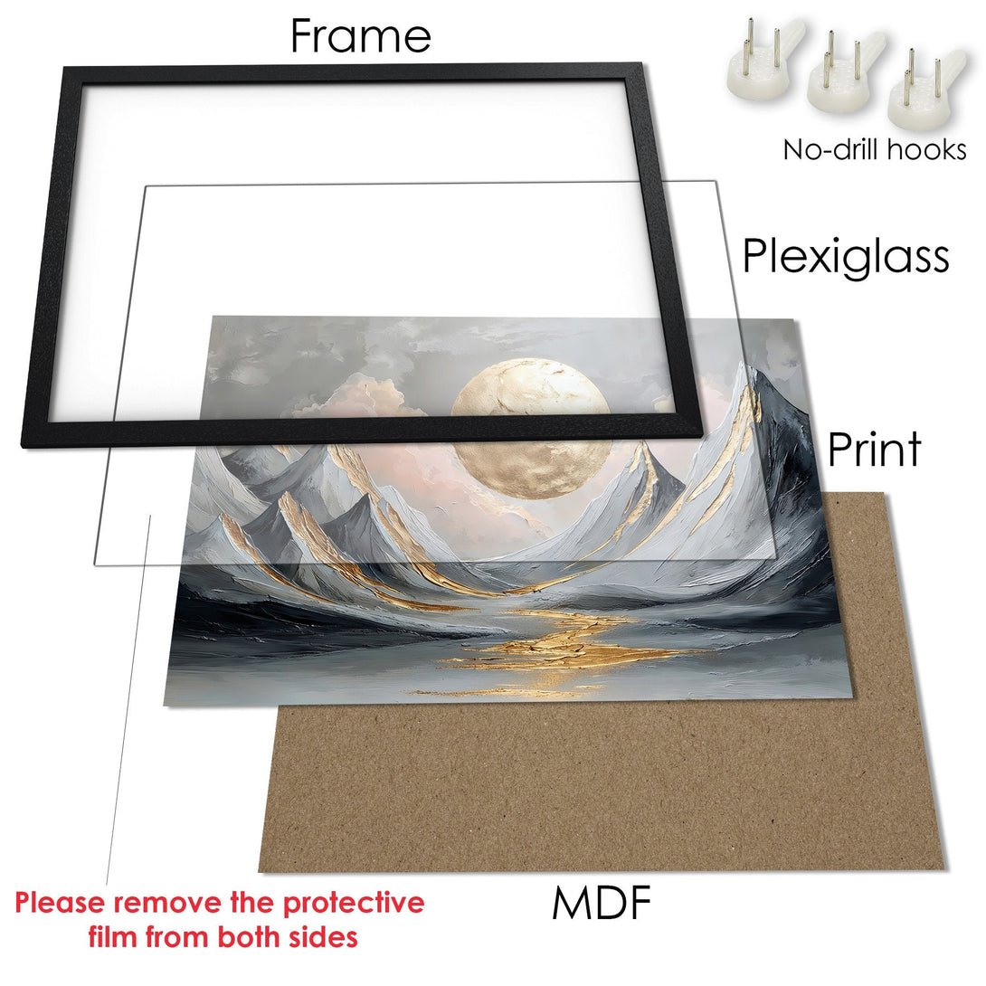 Framed Poster of abstract landscape art in gray, gold, and pink hues. Perfect wall decor for any room.