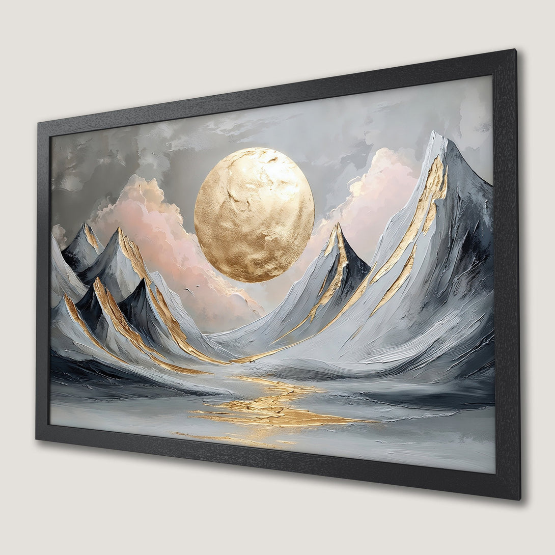 Framed Poster of a mountain landscape with a golden sun, in a modern, textured style, featuring gray, gold, and pink hues.