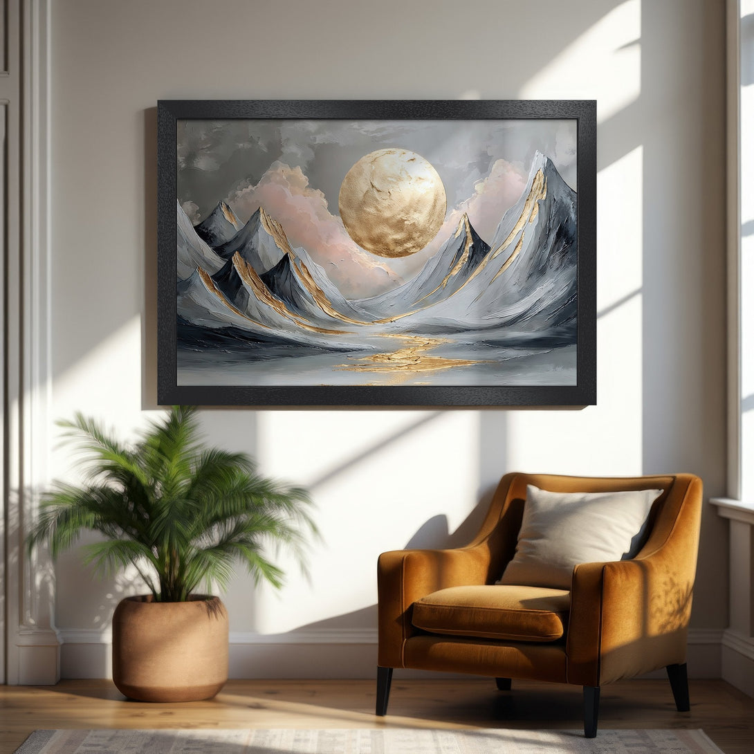 Framed Poster featuring a gold and gray mountain landscape art print. Modern style, neutral color palette for home decor.