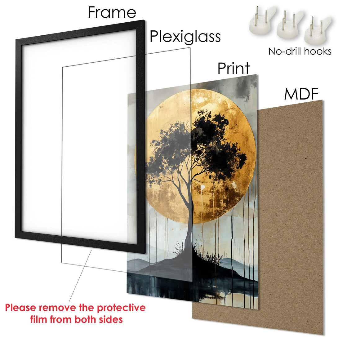 Framed Poster featuring an abstract tree against a gold and grey backdrop. Modern art style with a neutral color palette. Perfect wall decor!