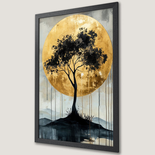Framed Poster featuring a black tree against a gold sun, abstract style. Elegant art print with a muted gold, black, and gray color palette.