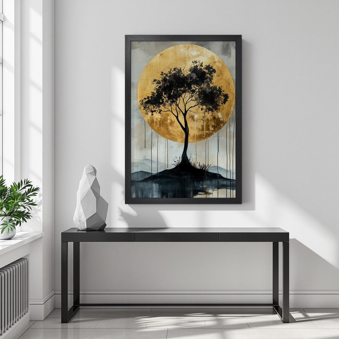 Framed Poster featuring a tree silhouette against a gold backdrop. Modern art style with a neutral, earthy color palette. Perfect wall decor.