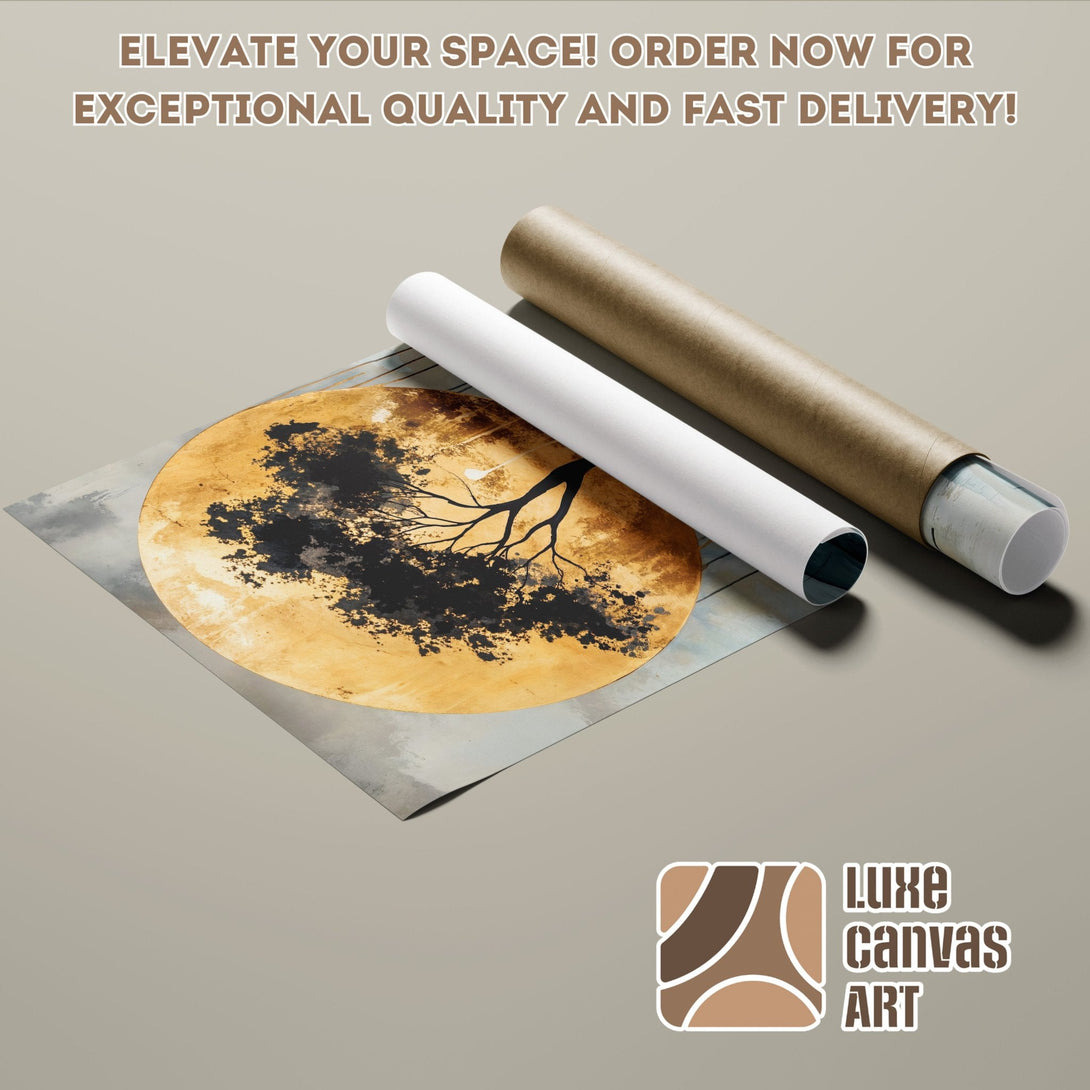 Abstract tree Poster Roll with gold and black palette. Elevate your space!