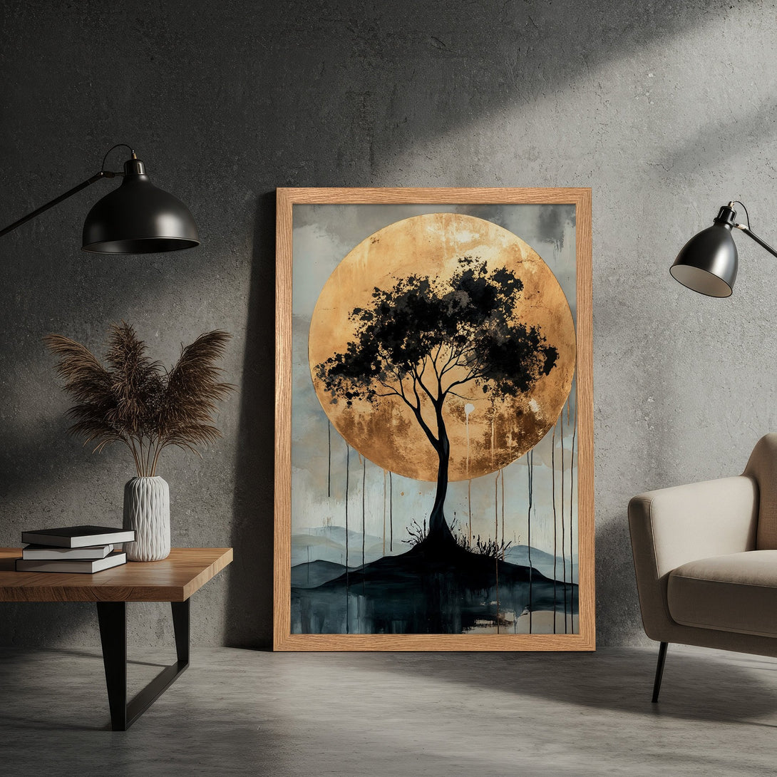 Framed Poster featuring a tree silhouette against a golden sun, in a modern style with a neutral color palette. Perfect wall art!