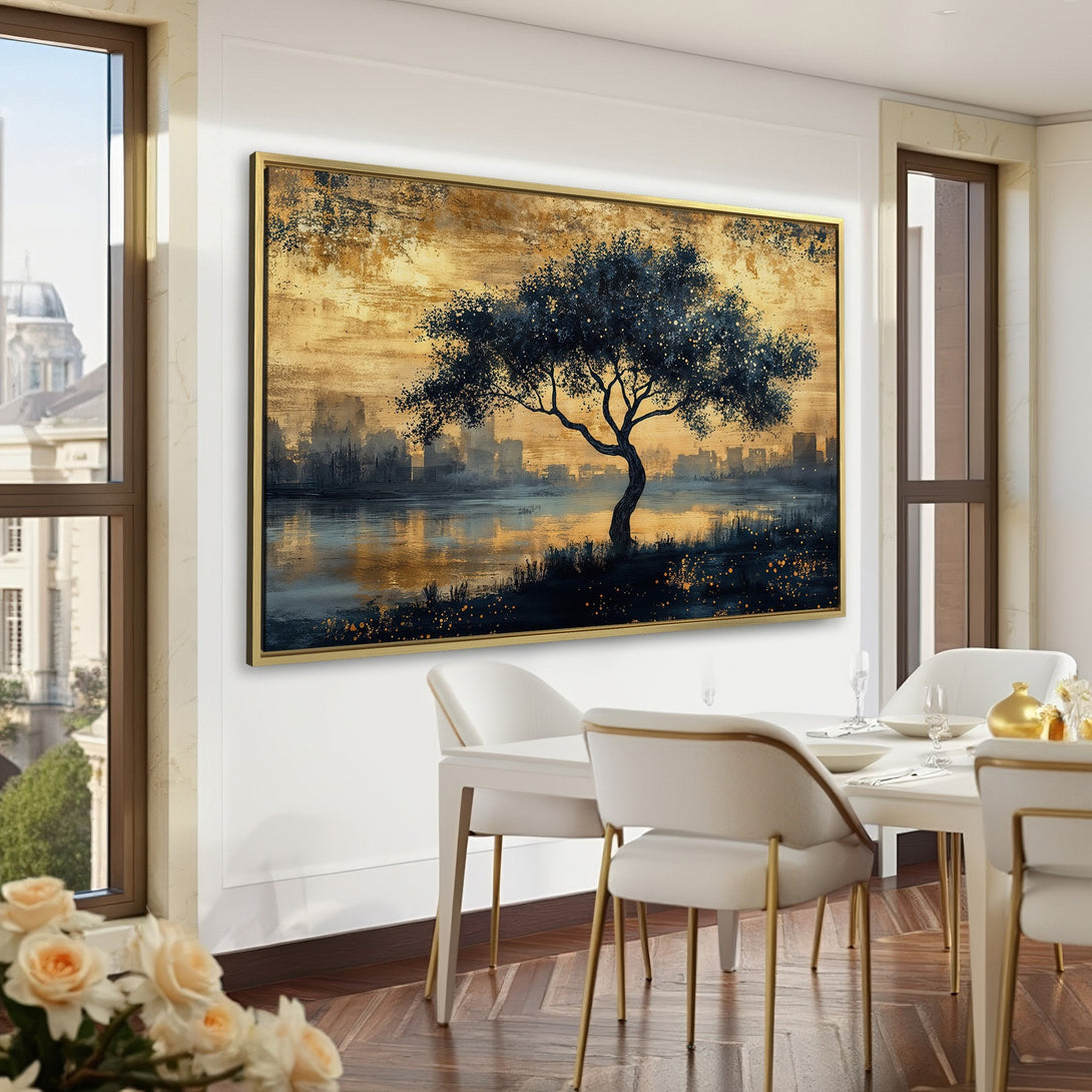 Canvas Print: Abstract tree art in gold, black, and blue tones. Modern wall art for home or office. Adds a touch of elegance to any space.