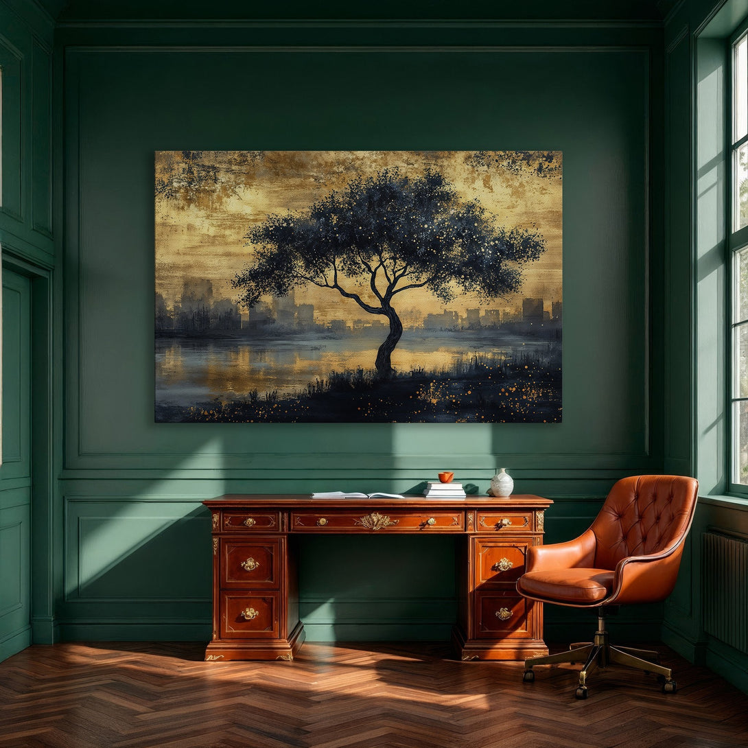 Framed Wall Art: Abstract landscape Canvas Print with gold, blue, and neutral tones. Perfect for dining room decor.