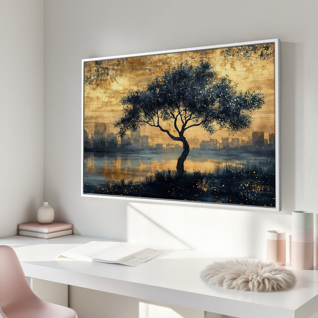 Framed Wall Art: Abstract tree painting in gold and navy tones. Modern landscape art for home decor.