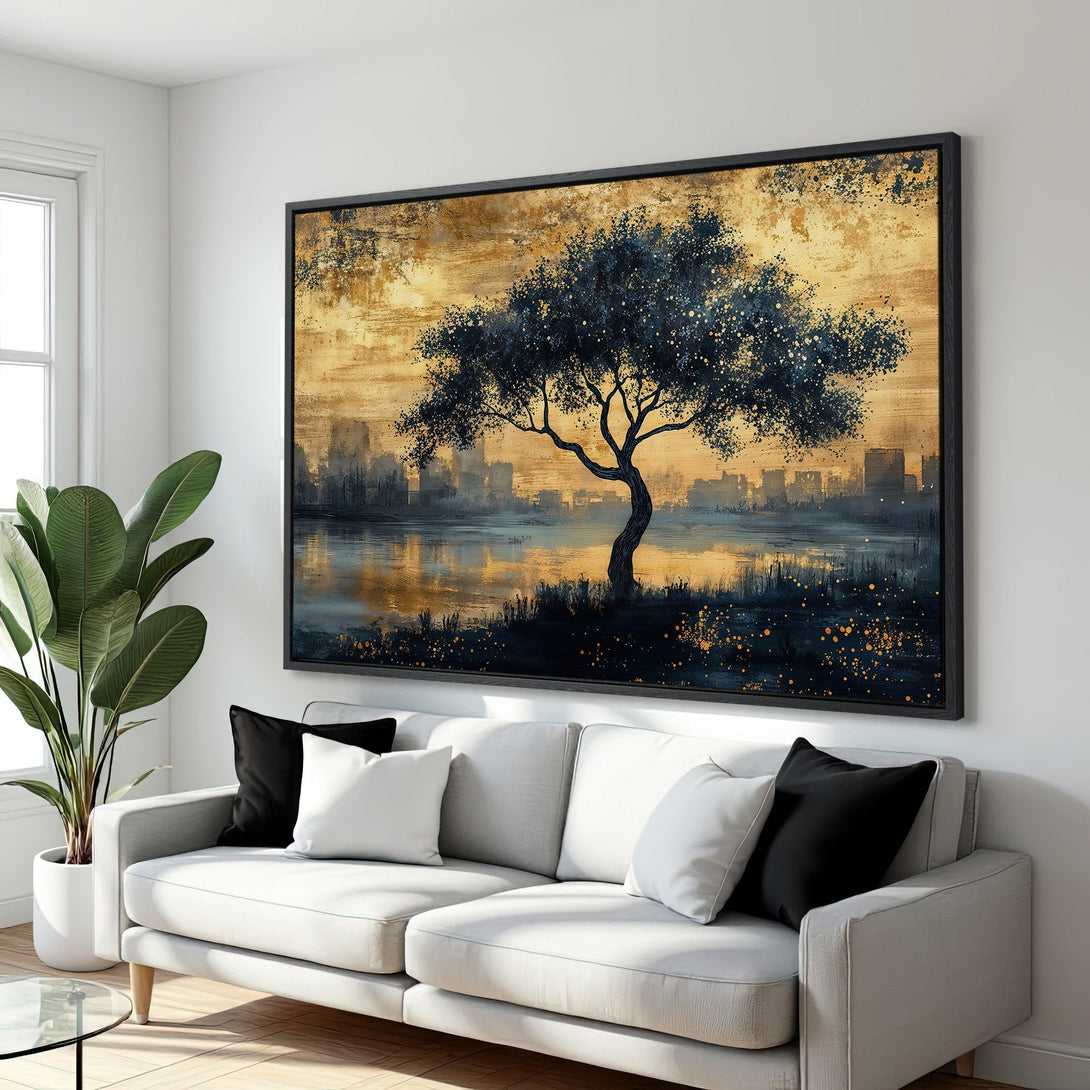 Framed Wall Art featuring a tree silhouette against a golden background, with a dark blue and gold color palette. Modern abstract style, perfect for home decor.