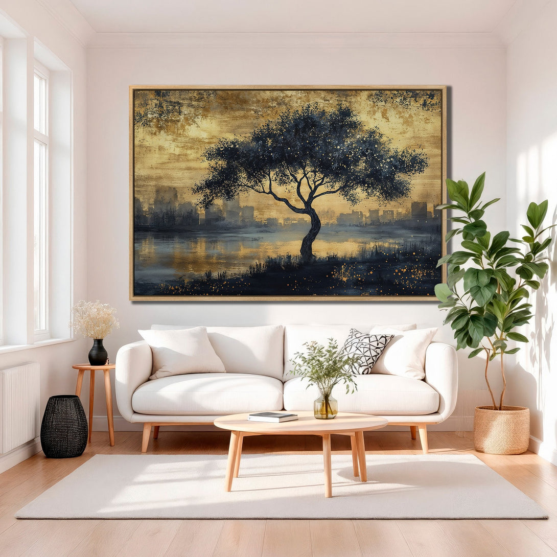 Framed Wall Art: Abstract tree painting in gold and navy tones. Modern canvas print adds a touch of elegance to any living room decor.