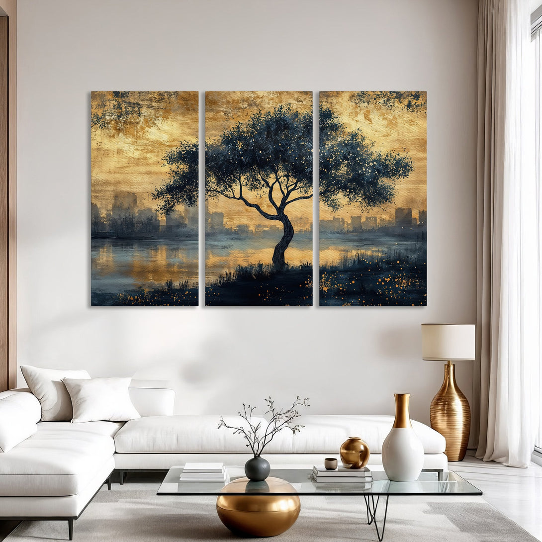Canvas Print of a serene tree landscape in gold and navy tones. Modern art style, perfect for living room decor.