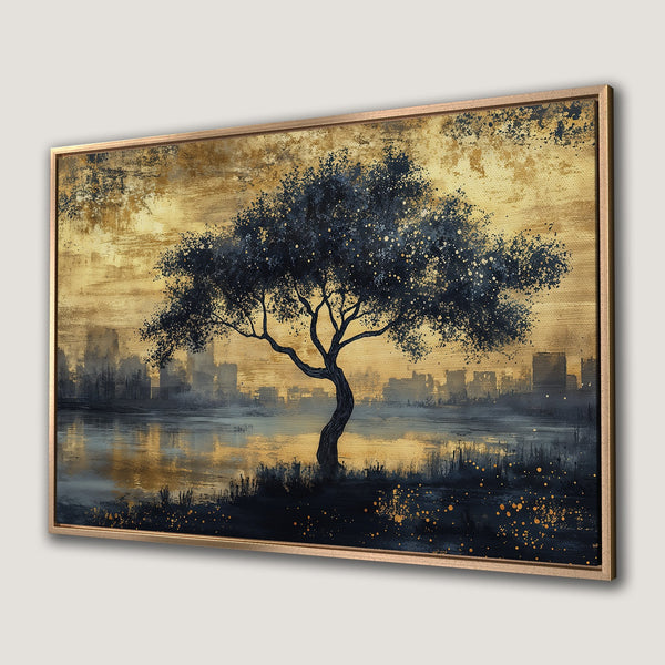 Framed Wall Art: Abstract tree painting with gold, blue, and black color palette. Modern art canvas print for home decor.