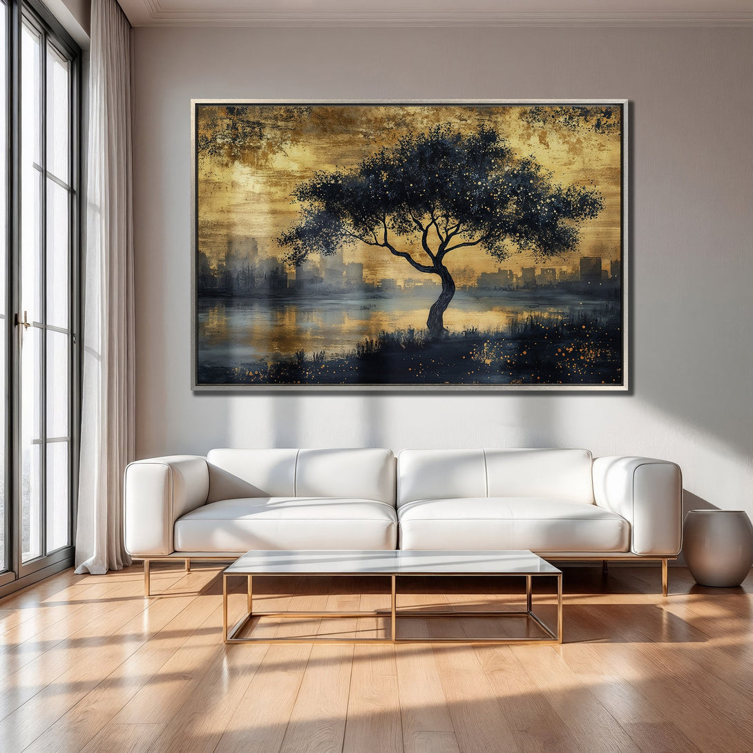 Framed Wall Art: Abstract tree painting with gold and navy tones. Modern art canvas print adds elegance to any living room.