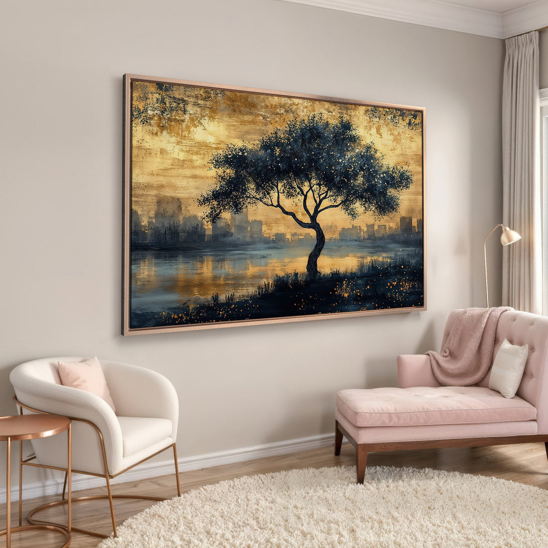 Framed Wall Art: Abstract tree painting in gold and navy. Modern canvas print adds elegance to any room. Shop now!