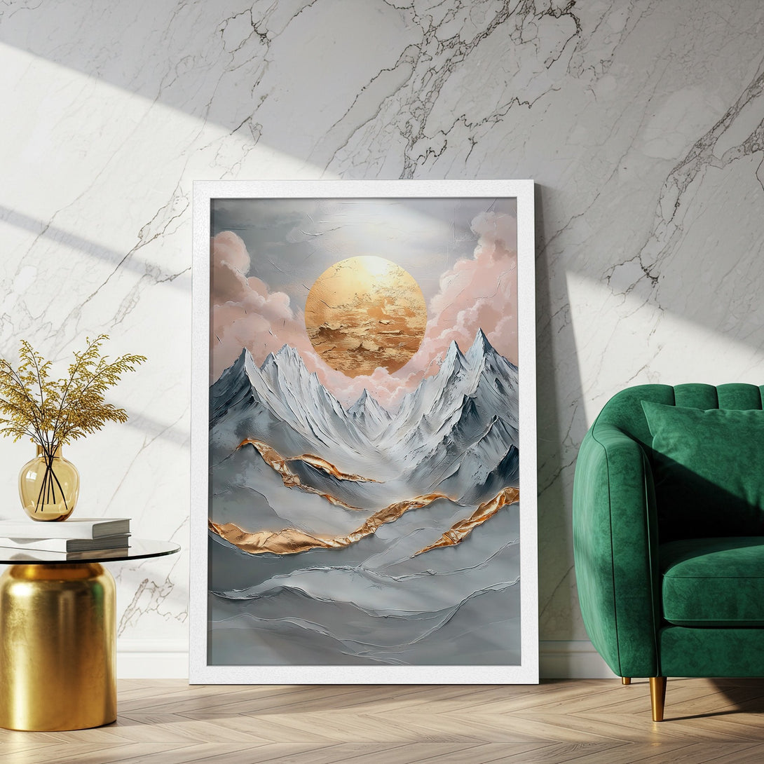 Framed Poster of abstract mountain landscape art. Features a gray, gold, and pink color palette. Modern wall decor.