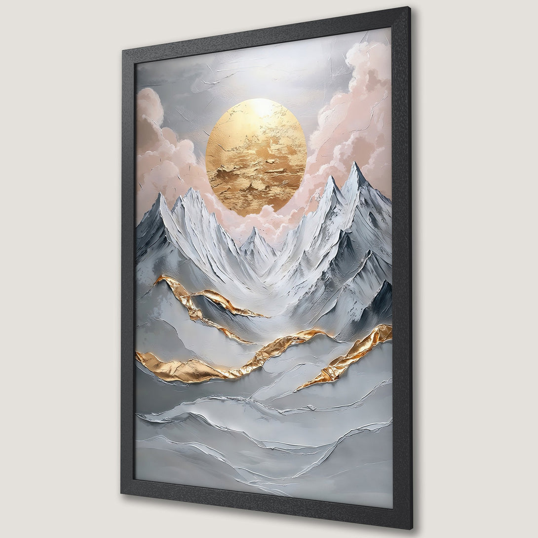 Framed Poster of abstract mountain landscape with gold accents. Modern art style with gray, gold, and pink color palette. Perfect wall decor.