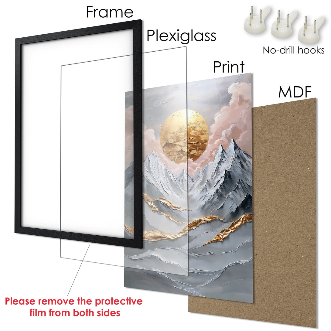 Framed Poster of a mountain landscape in a modern, textured style with a gold, gray, and blush color palette. Ready to hang!