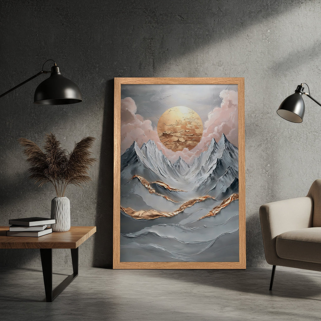 Framed Poster of mountain landscape art in gray, gold, and pink color palette. Modern decor.
