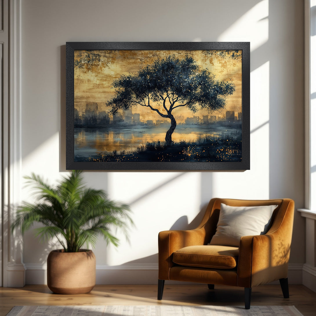 Framed Poster featuring a serene tree landscape in gold and blue hues. Perfect wall art for a modern home.