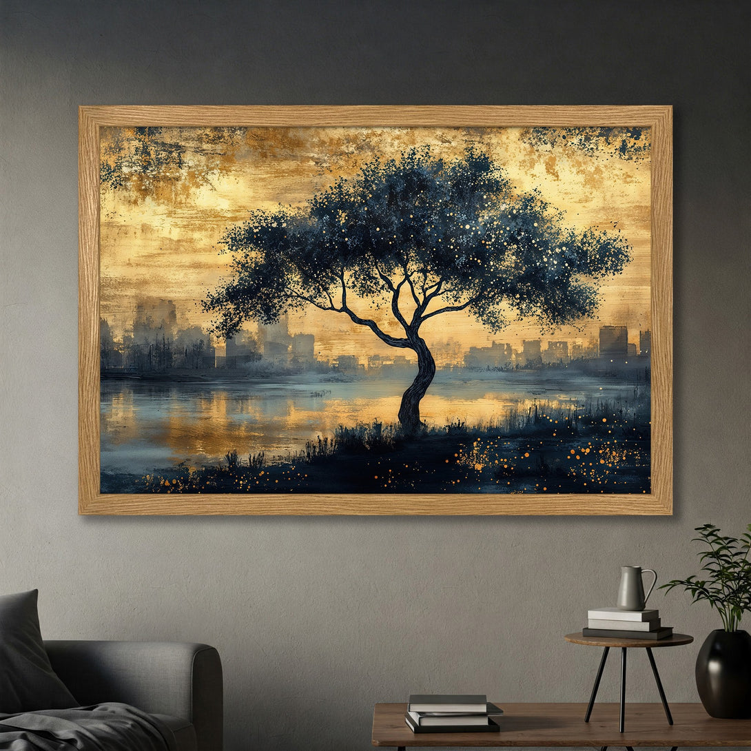 Framed Poster featuring a serene landscape with a tree, in a gold and blue color palette. Perfect wall art for any room!