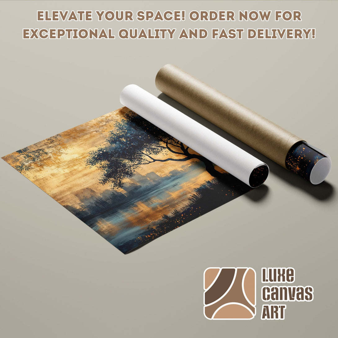 Abstract landscape Poster Roll in gold, blue, and brown tones. Elevate your space!