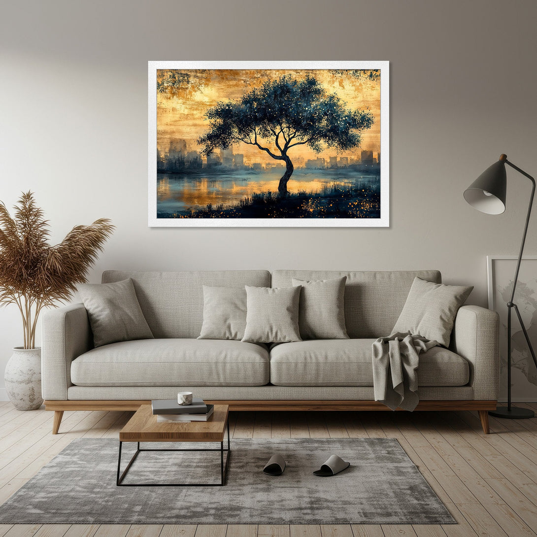Framed Poster featuring a tree silhouette against a golden sky. Modern art style with a calming blue and gold color palette. Enhance your home decor!