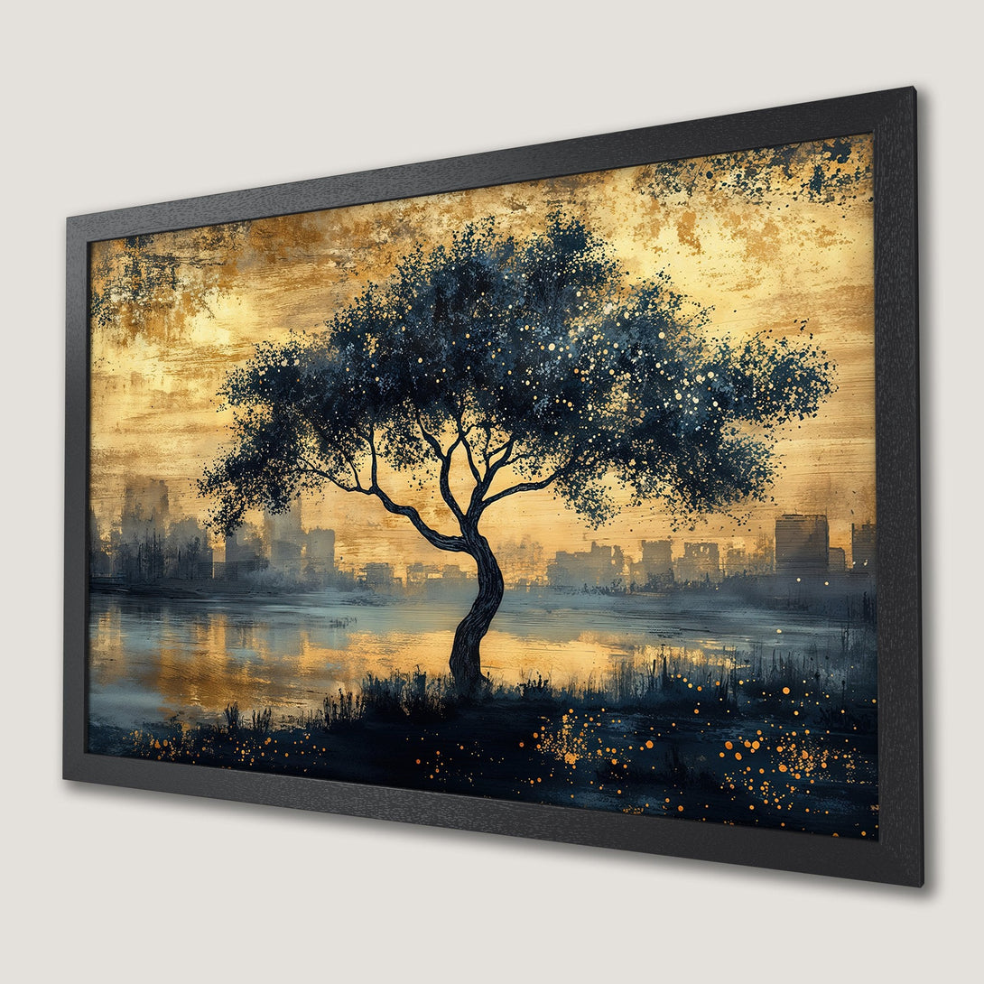 Framed Poster of a tree and cityscape in gold and navy, perfect wall art.