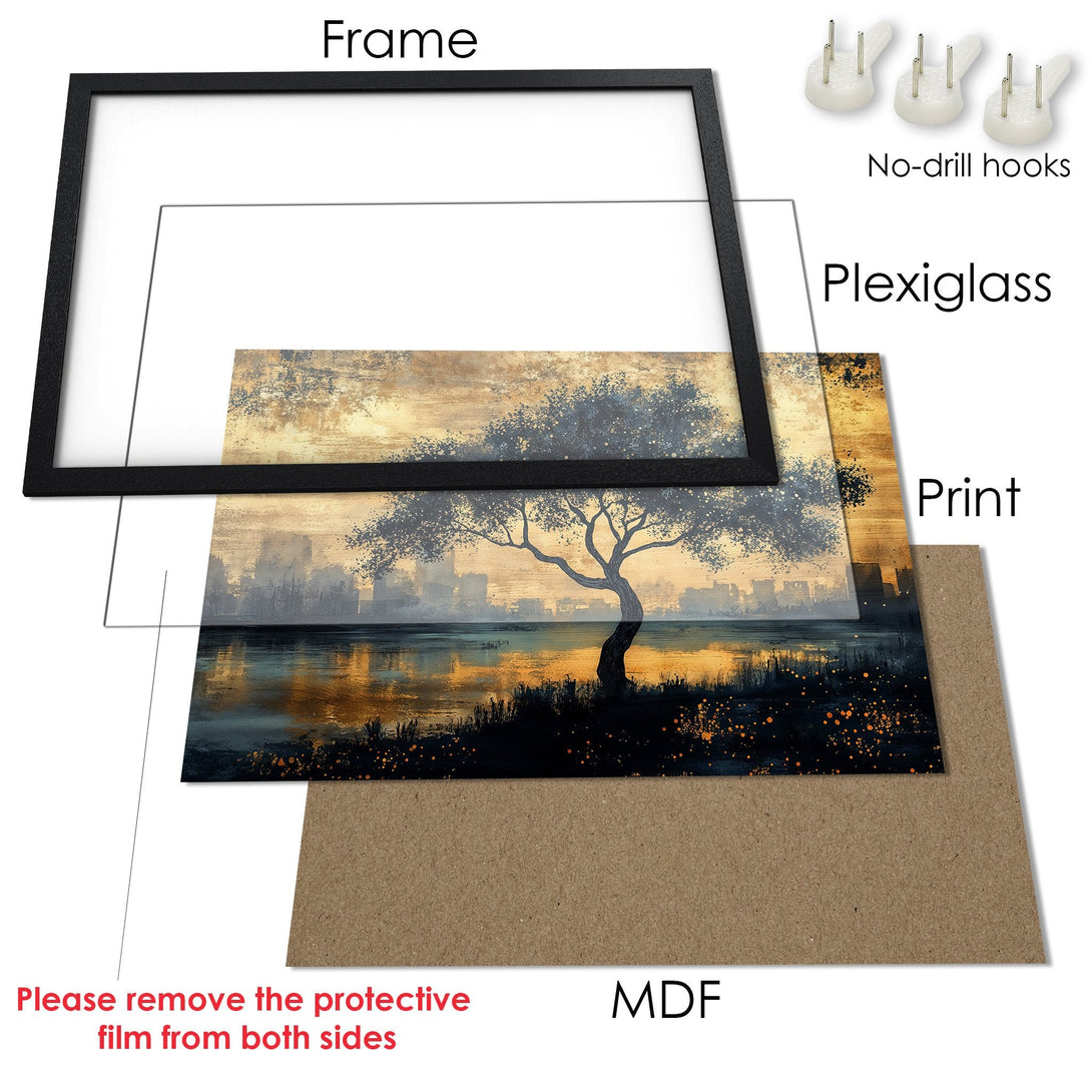 Framed Poster featuring a tree and city landscape in a muted, warm color palette. Perfect wall art for your home!