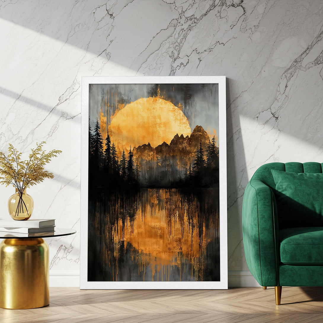 Framed Poster featuring a sunset landscape in a modern, abstract style with gold, black, and gray tones. Perfect wall art for any room!