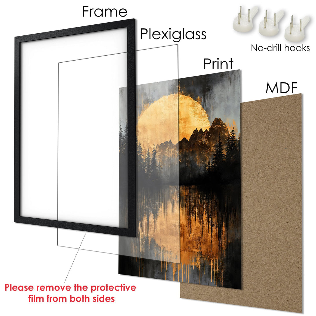 Framed Poster featuring a sunset landscape in a modern style with a gold and black color palette. Perfect wall art!