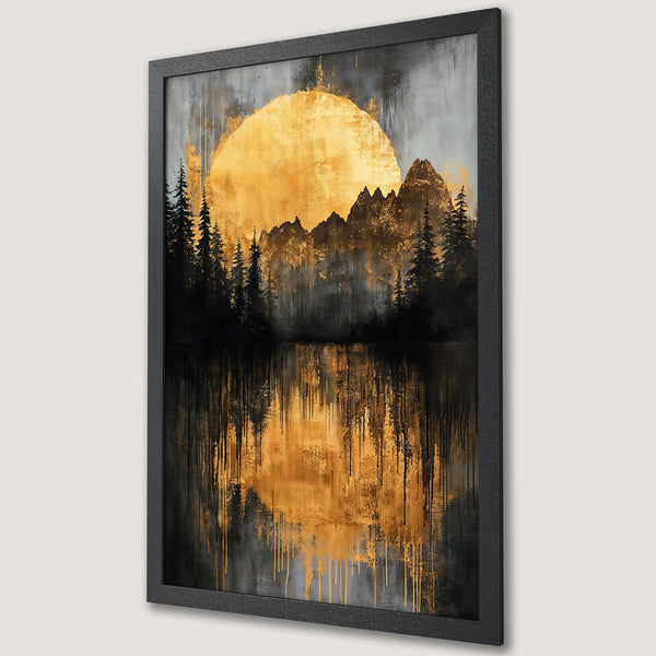 Framed Poster featuring a golden sunset over a forest and lake. Abstract style with a black, gold, and gray color palette.