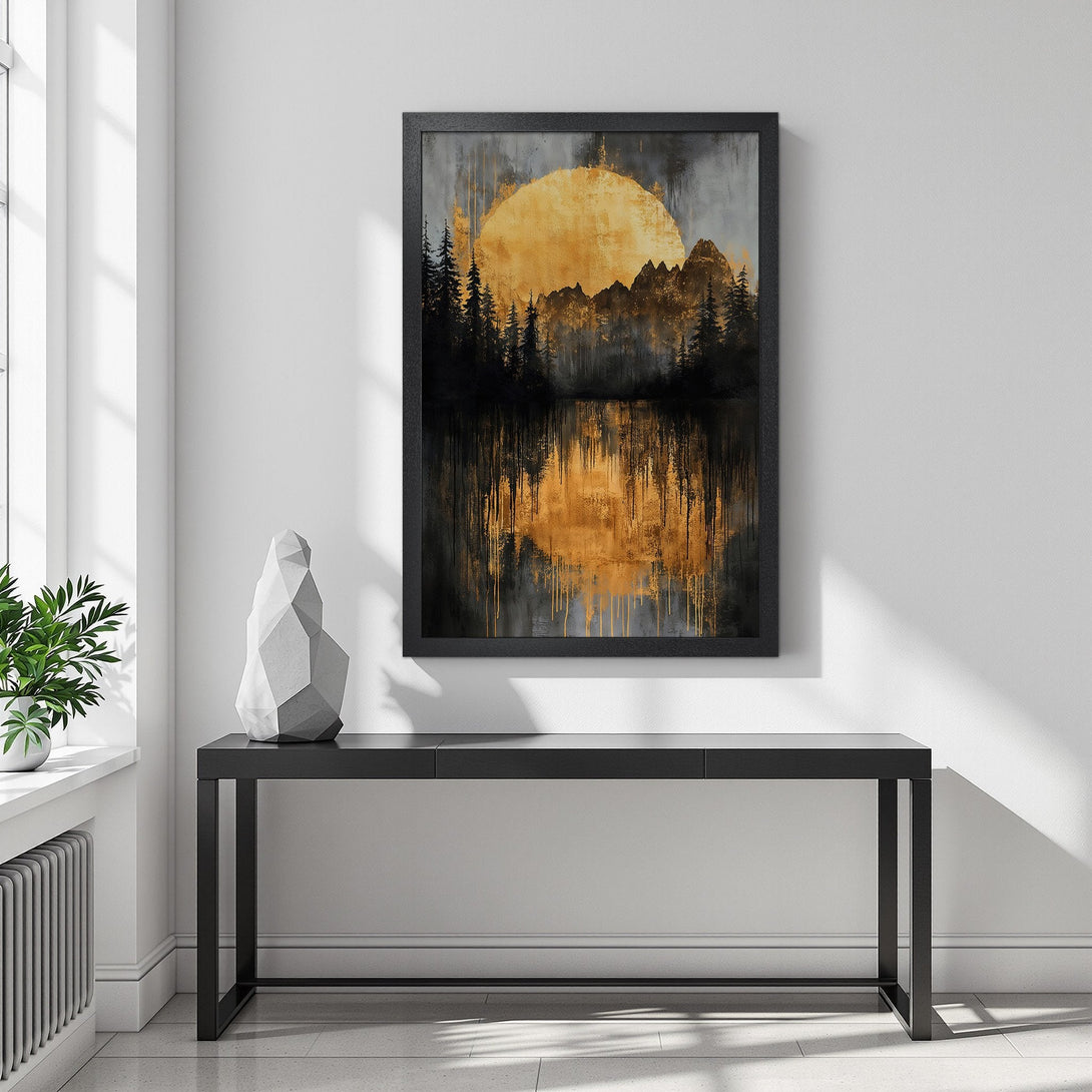 Framed Poster featuring a landscape with a golden sun, trees, and mountains. Modern art style with a black, gold, and gray color palette.