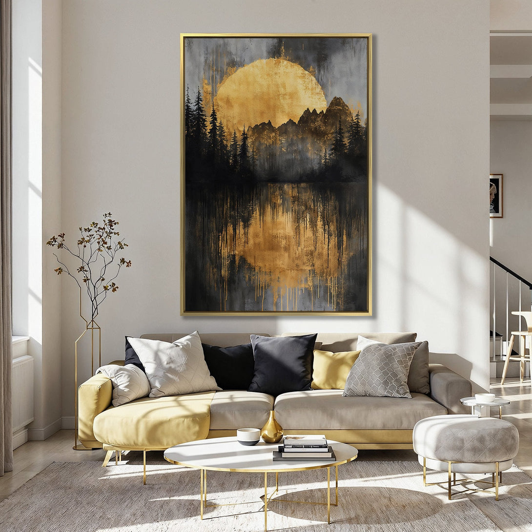 Canvas Print featuring a golden sunset landscape. Modern art style with a black, gold, and gray color palette. Perfect wall decor for any room.