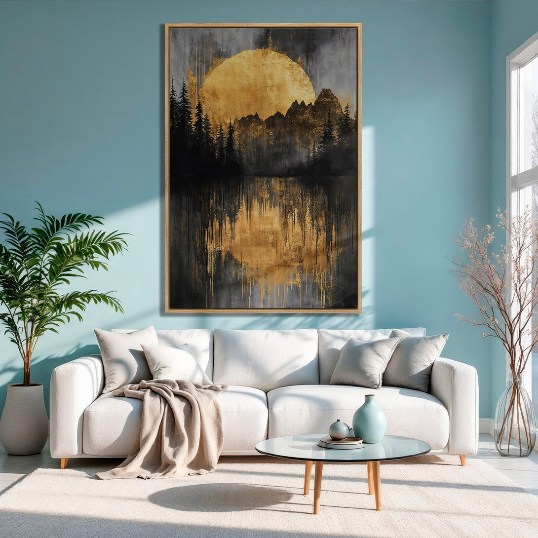 Framed Wall Art: Abstract landscape Canvas Print in gold, black, and gray tones. Modern art piece adds a touch of elegance to any room.