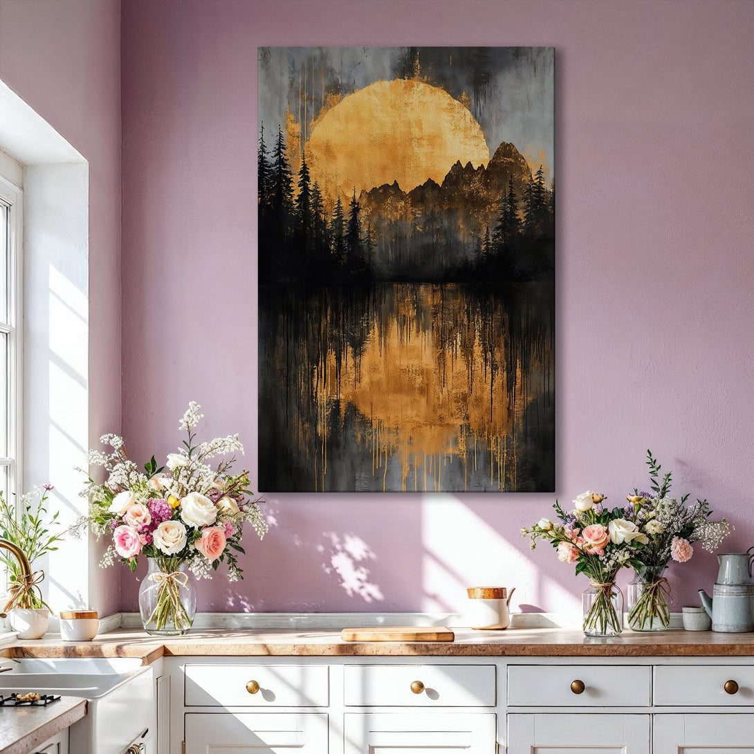 Framed Wall Art: Abstract landscape Canvas Print with gold, black, and gray tones. Modern art for home decor, perfect for living rooms and bedrooms.