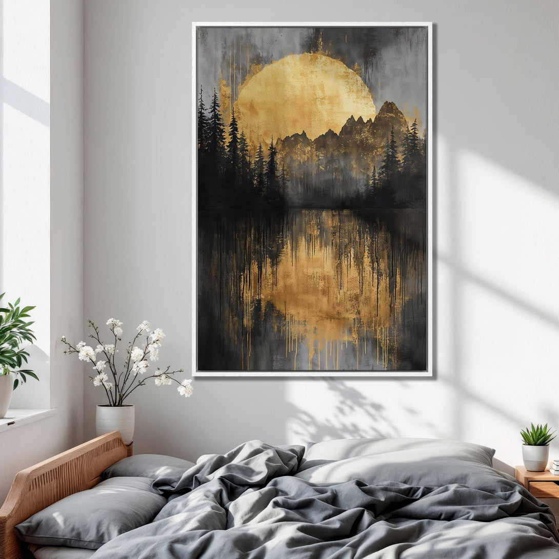 Framed Wall Art: Abstract landscape Canvas Print featuring gold, black, and gray tones. Modern art for bedroom decor.