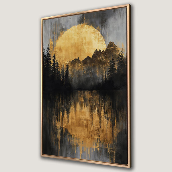 Framed Wall Art: Abstract landscape canvas print featuring a golden sun over a dark forest and lake. Modern art with gold, black, and gray tones.