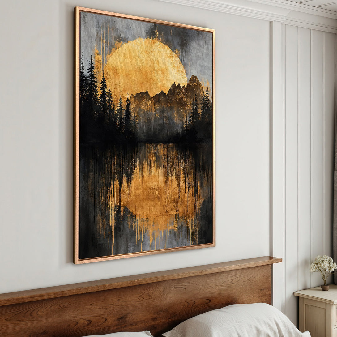 Framed Wall Art: Abstract landscape Canvas Print with a gold and black color palette. Modern art for bedroom decor.