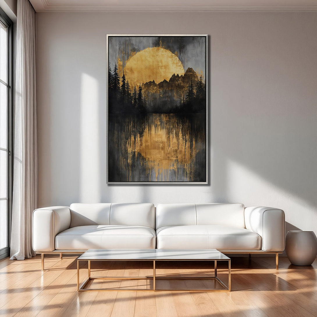 Framed Wall Art: Abstract landscape Canvas Print in gold, black, and gray. Modern art for living room decor. Adds a touch of elegance.